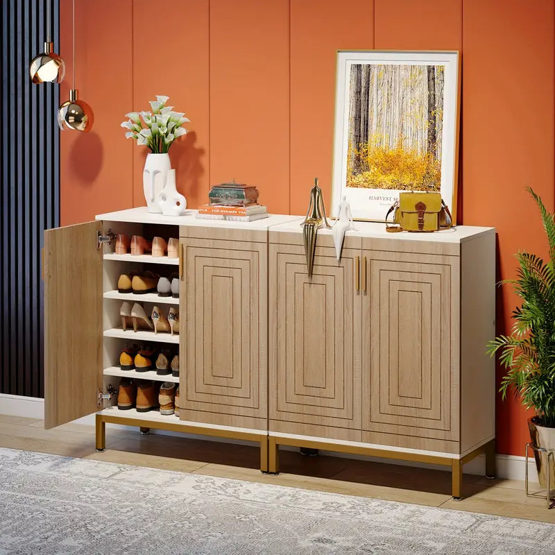 Eden Nest 5 Tier Geometric Doors Shoe Cabinet White Natural