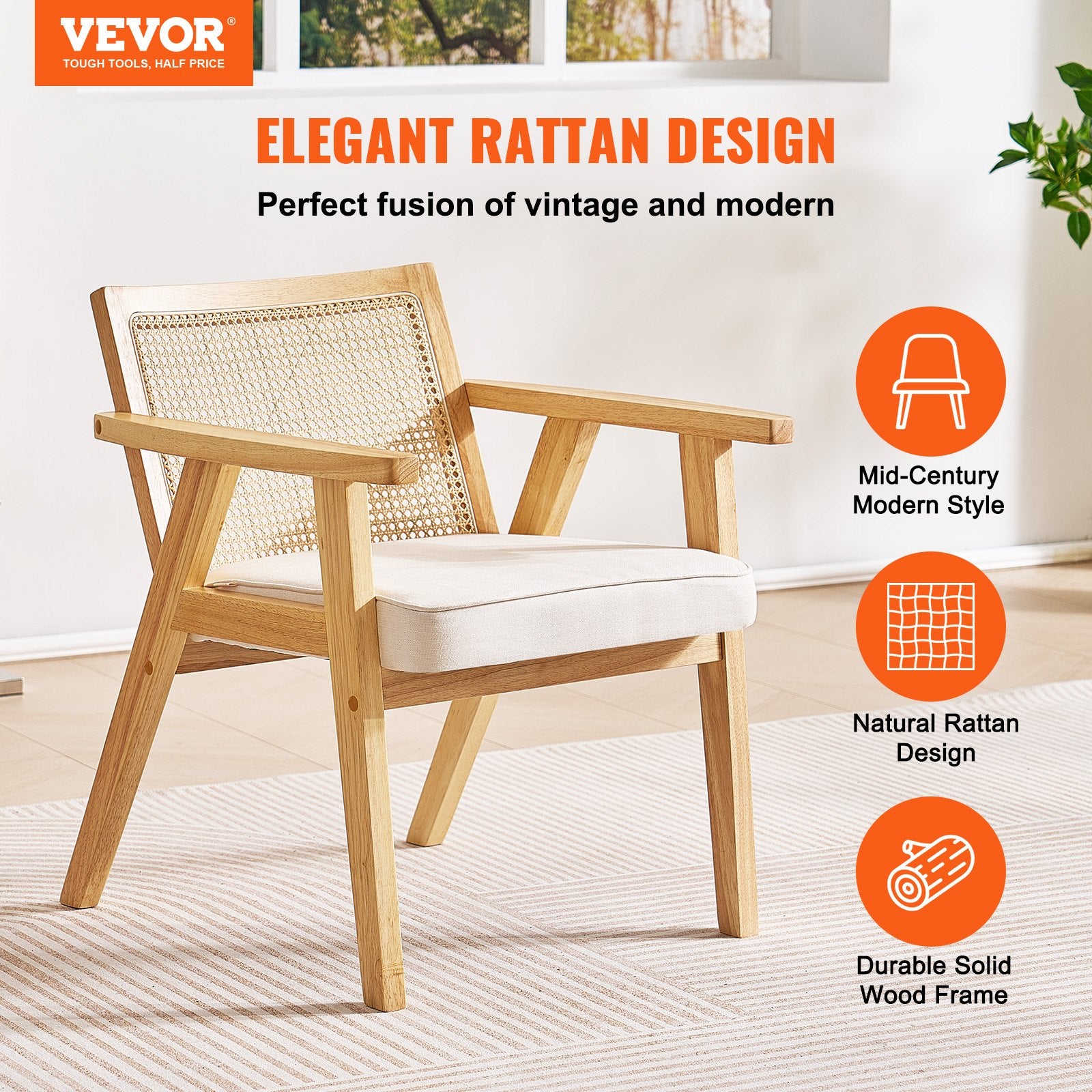 Eden Nest Rattan Chair With Armrests Mid Century Beige