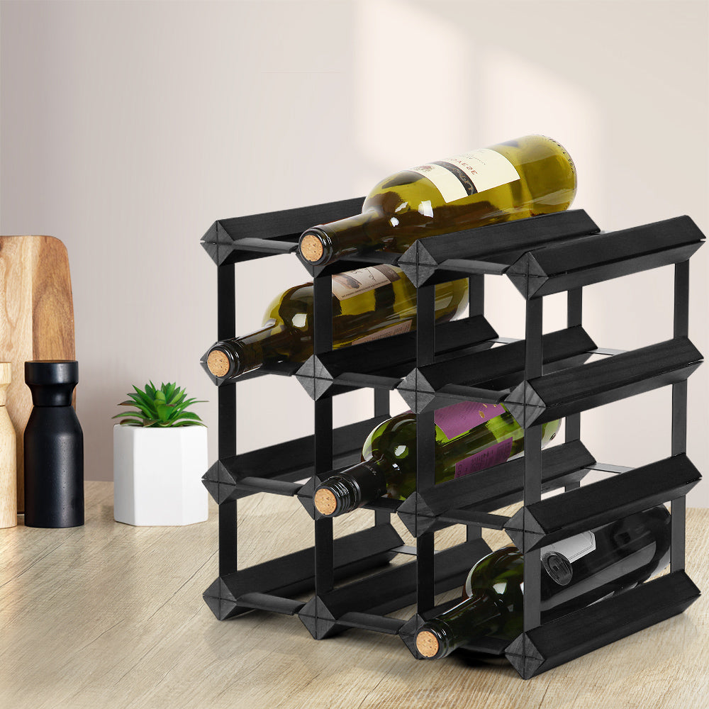 Eden Nest Pine Wood And Steel 12 Bottle Wine Rack Black