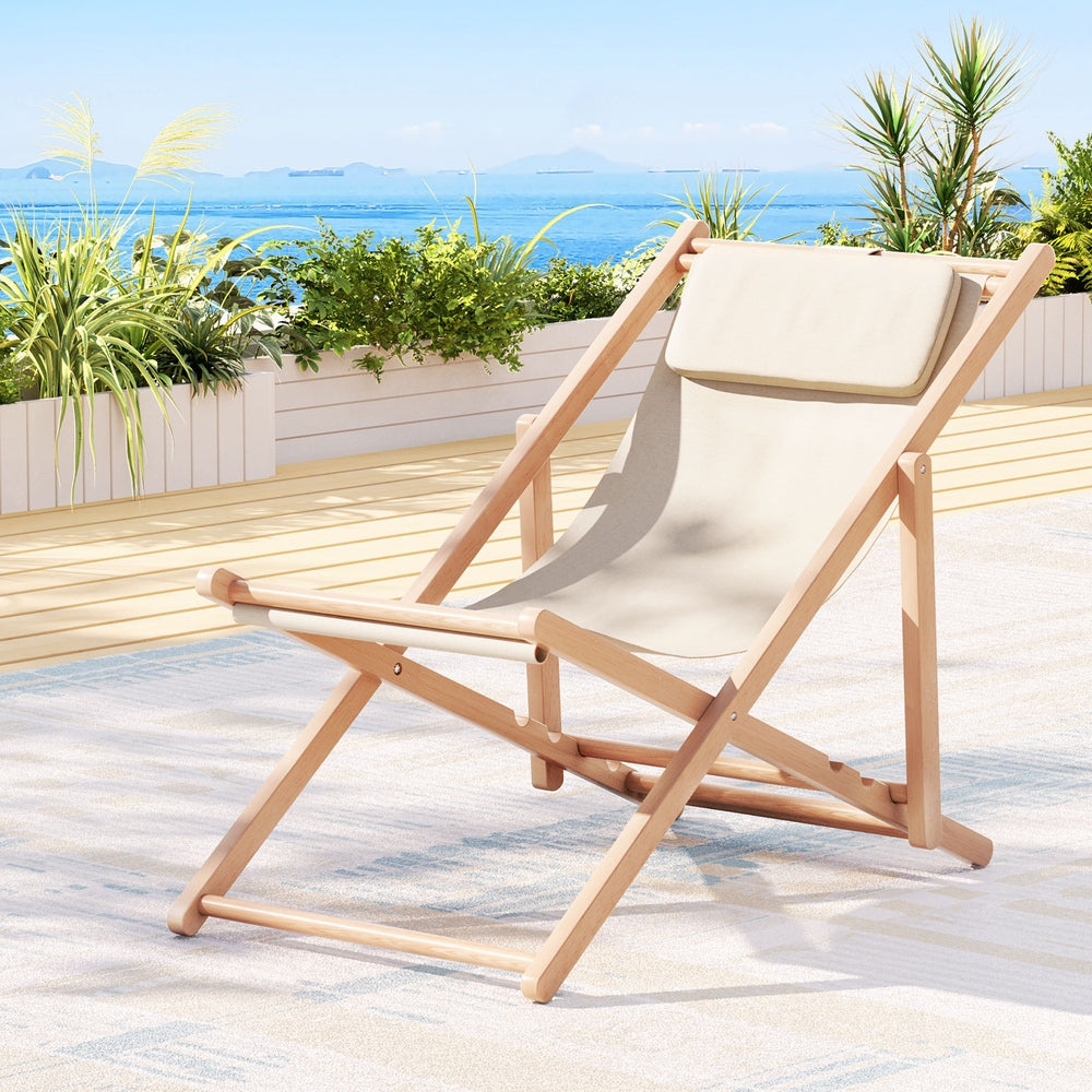 Eden Nest Wooden Beach Chair Sun Lounge Folding Beige