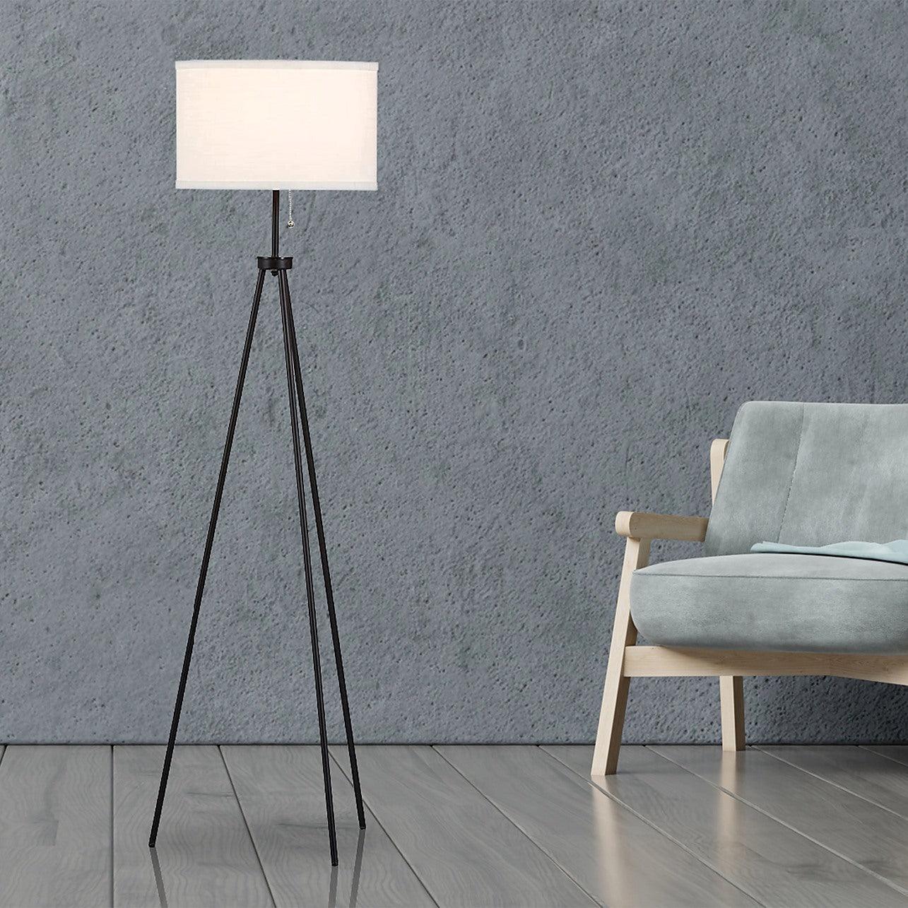 Mid-Century Tripod Floor Lamp – Black Metal Frame with Ivory Shade