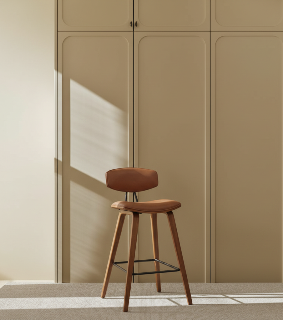 Eden Nest Retro Kitchen Bench Height Chair Walnut Finish with Brown PU Leather Cushion
