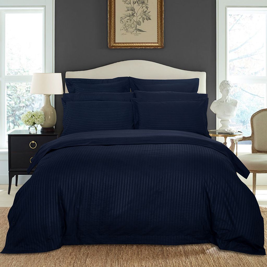 1000TC Ultra Soft Striped Quilt Cover Set – Midnight Blue