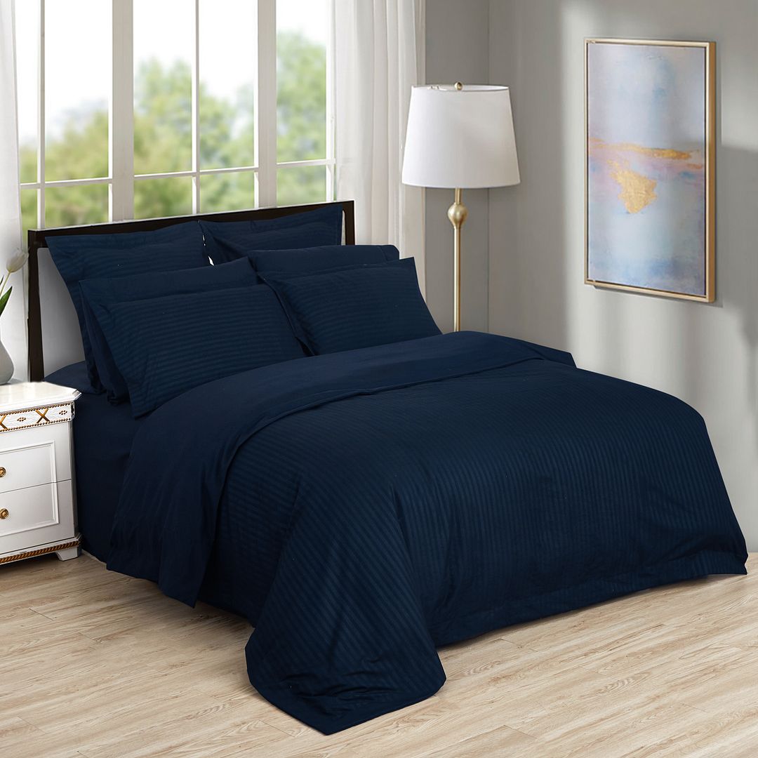 1000TC Ultra Soft Striped Quilt Cover Set – Midnight Blue
