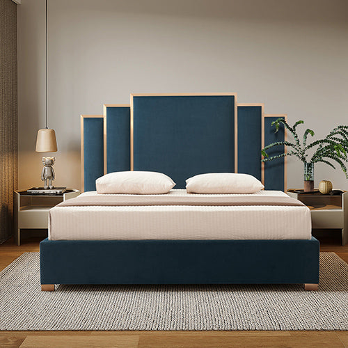 Turquoise Upholstered Bed Frame with Padded Headboard and Polished Stainless Steel Feet
