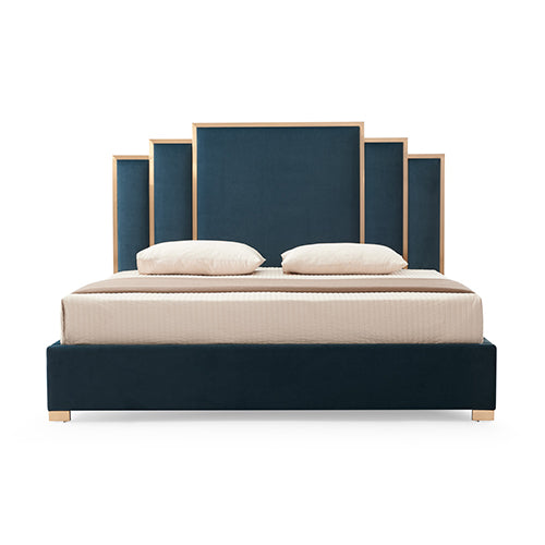 Turquoise Upholstered Bed Frame with Padded Headboard and Polished Stainless Steel Feet