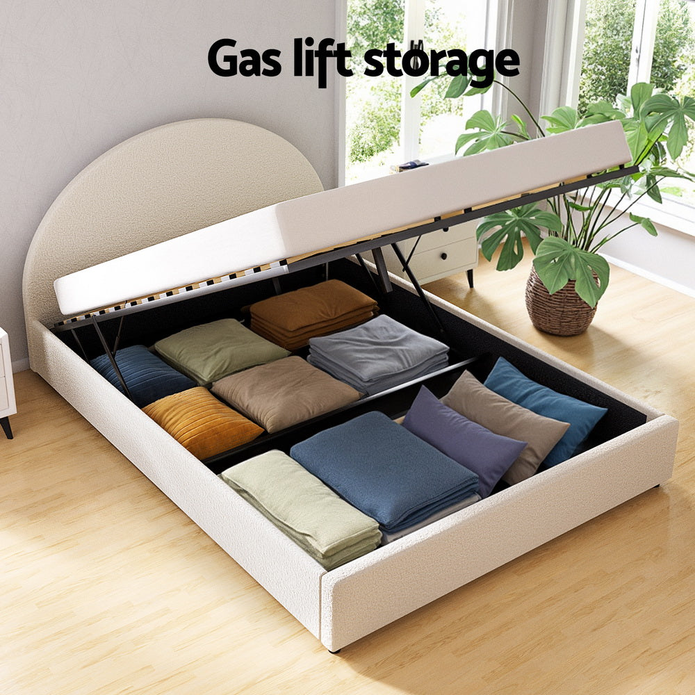 Boucle Upholstered Gas Lift Bed Frame with Storage