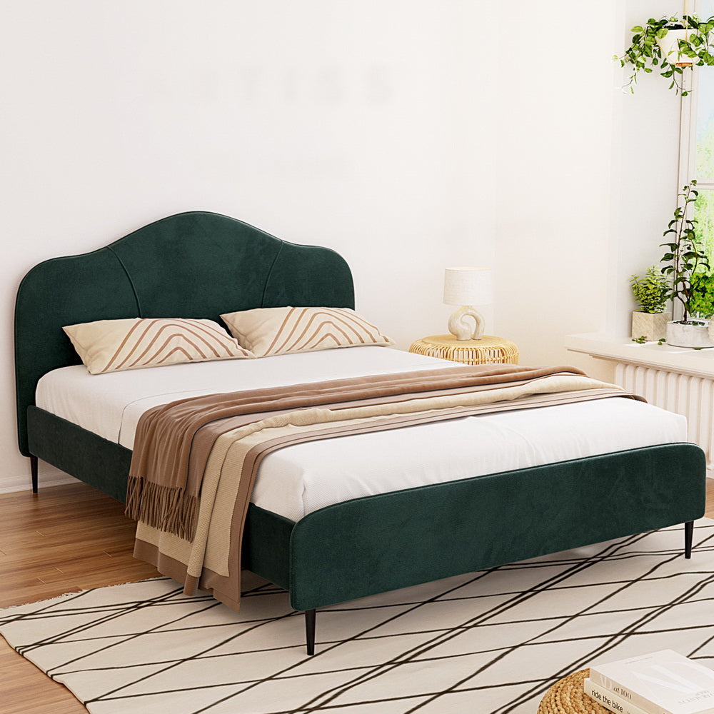 Velvet Upholstered Bed Frame with Plush Headboard
