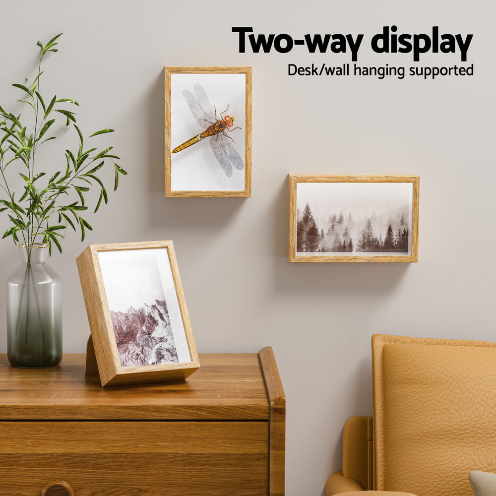 Set of 3 Shadow Box Photo Frames, Oak Finish