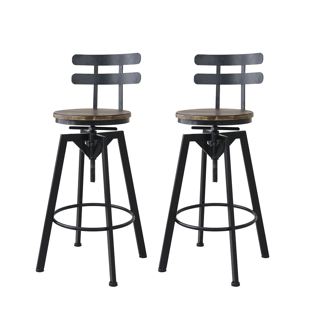 Industrial Adjustable Bar Stool with Swivel Wooden Seat