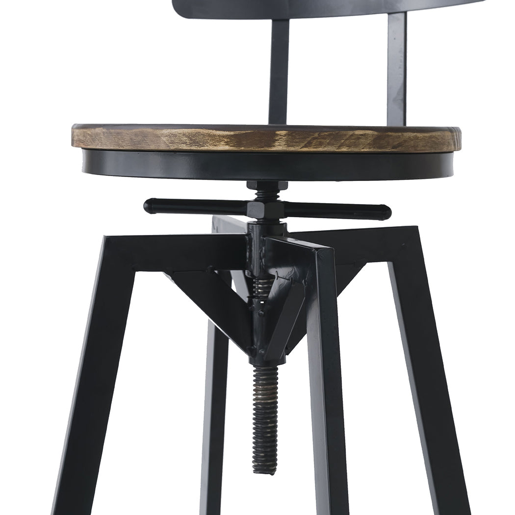 Industrial Adjustable Bar Stool with Swivel Wooden Seat