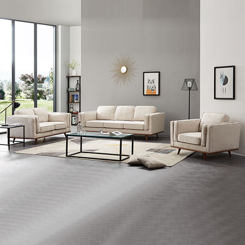 3+2 Seater Sofa Lounge Set – Beige Fabric with Wooden Frame